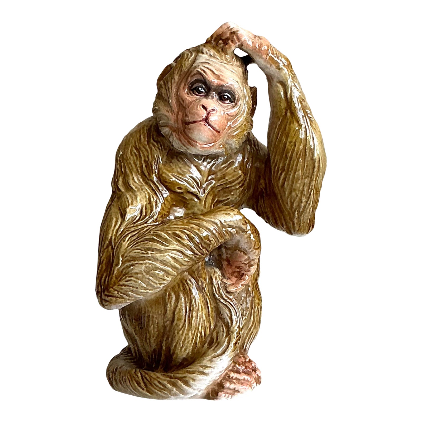 Vintage Boho Glazed Ceramic Monkey - Detail view