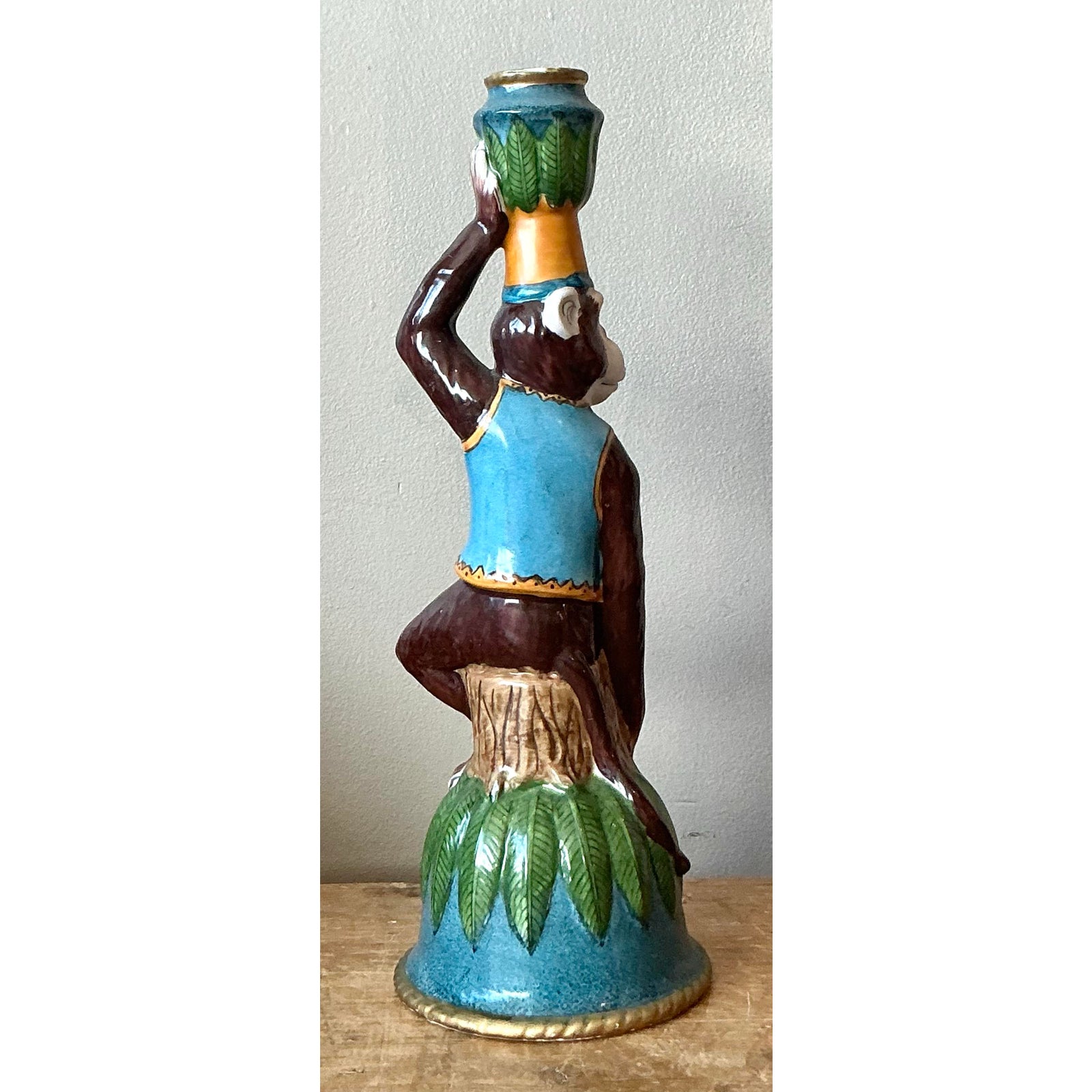 Vintage Boho Glazed Ceramic Monkey Candlestick - Side view
