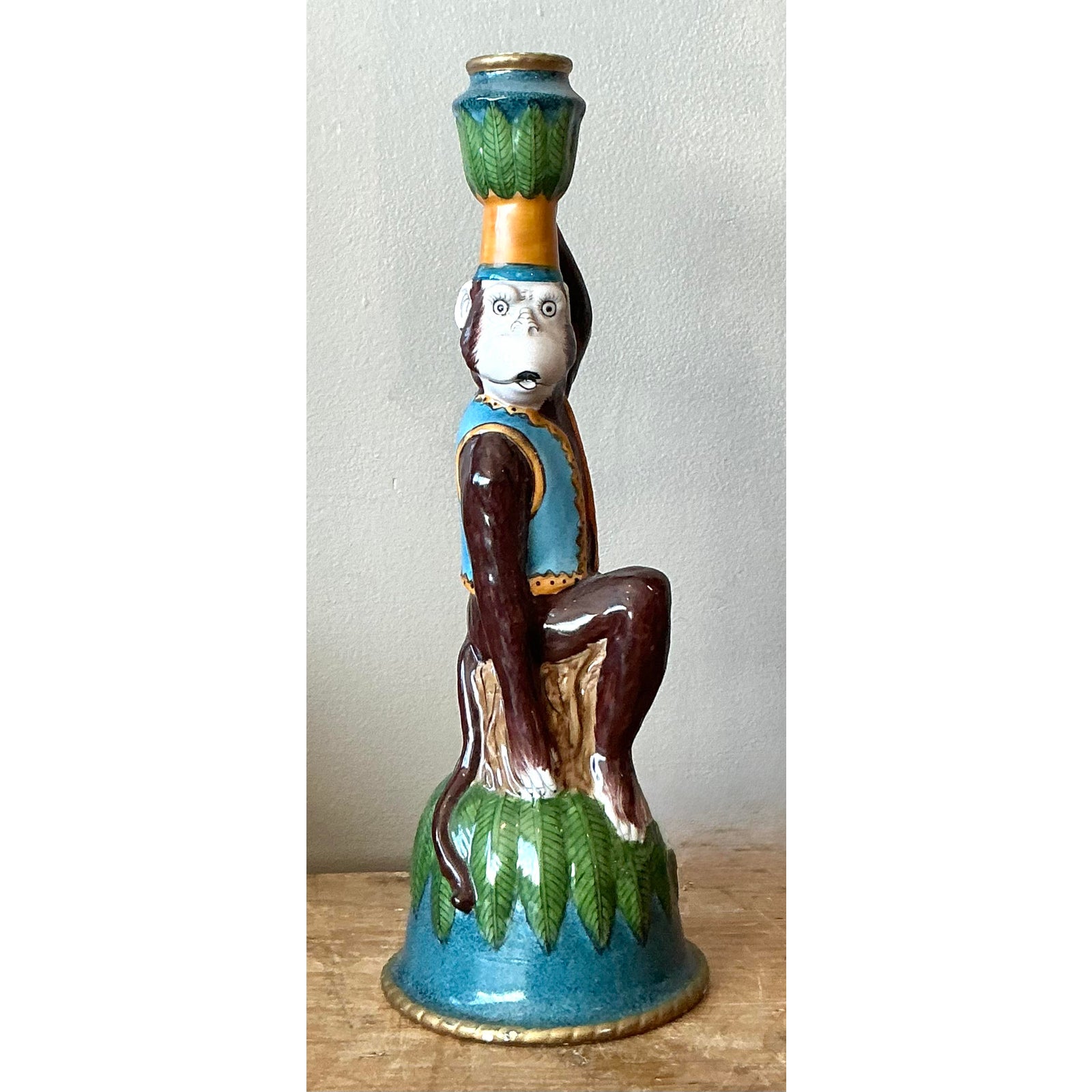 Vintage Boho Glazed Ceramic Monkey Candlestick - Top view
