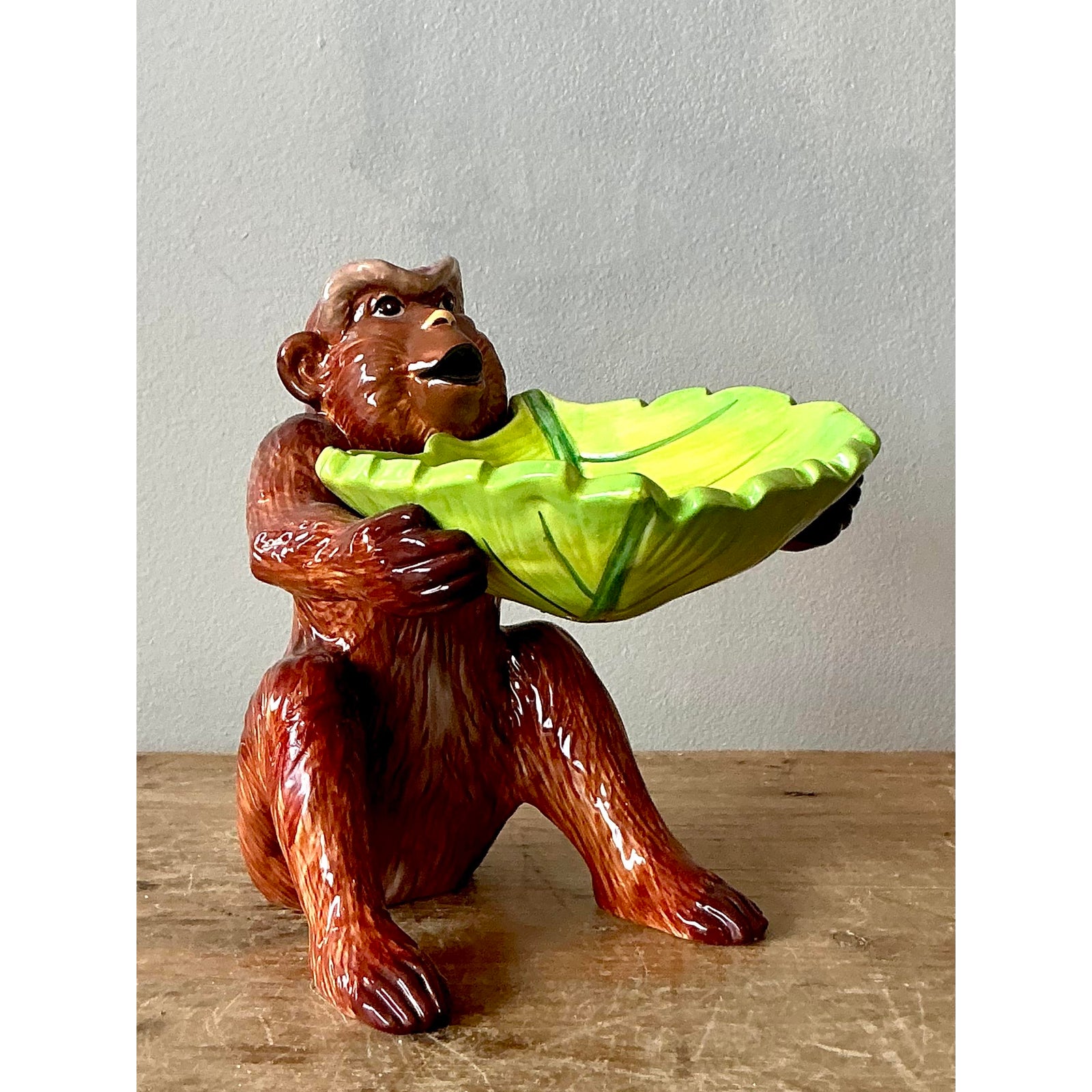 Vintage Boho Glazed Ceramic Monkey Trinket Tray - Back view