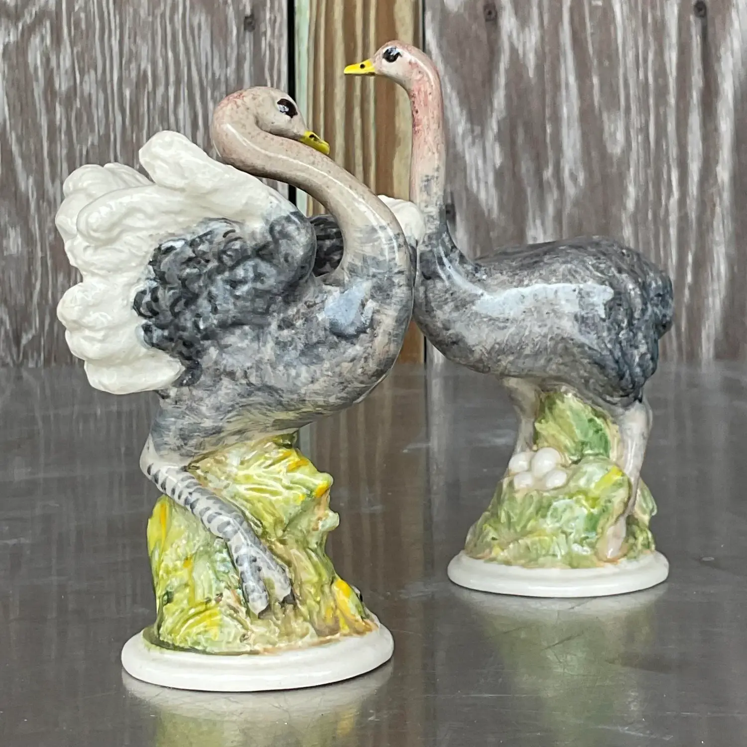 Vintage Boho Glazed Ceramic Ostrich - a Pair - Top view
