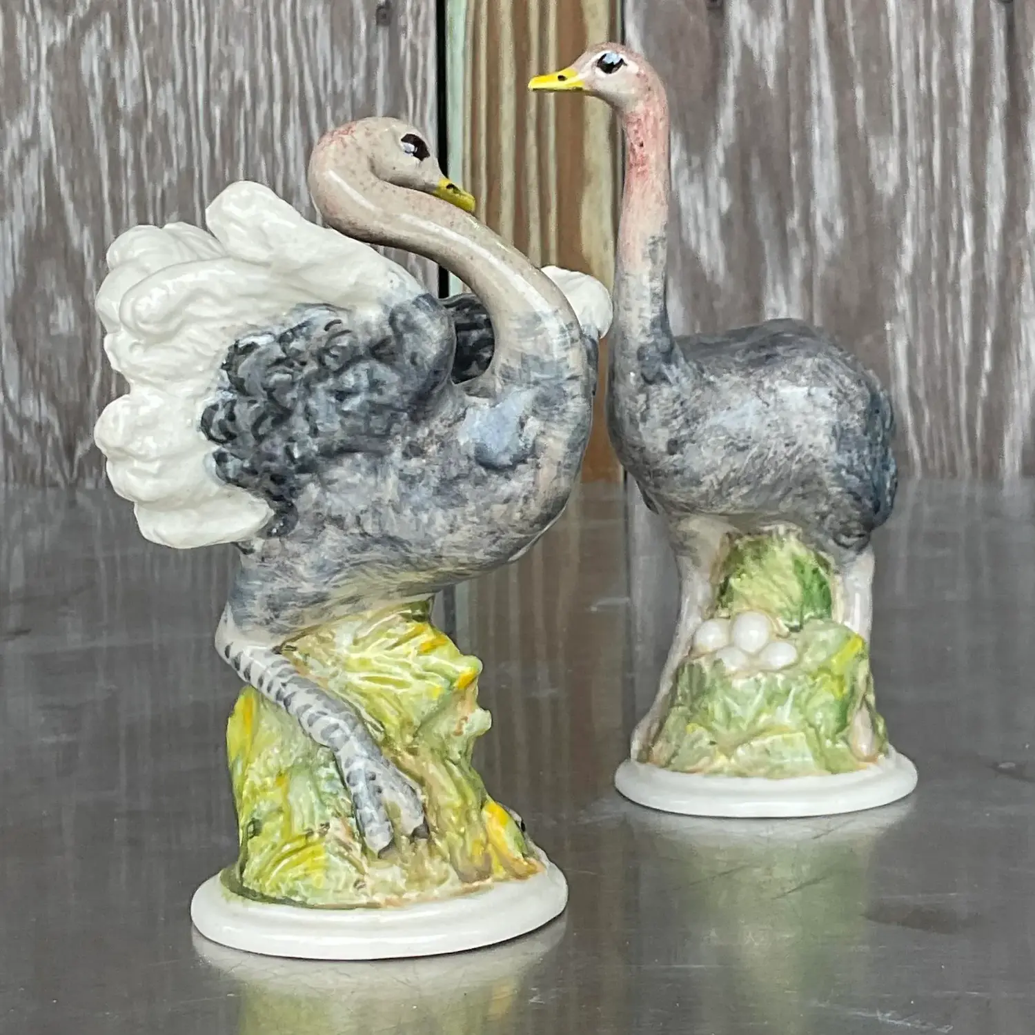 Vintage Boho Glazed Ceramic Ostrich - a Pair - Detail view