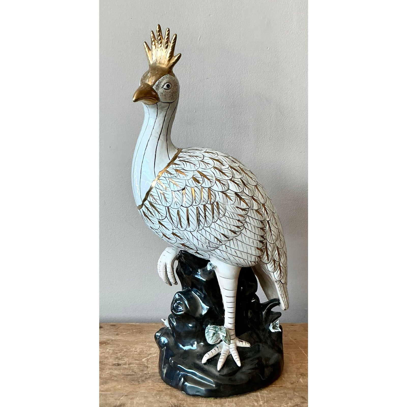 Vintage Boho Glazed Ceramic Peacock - Detail view