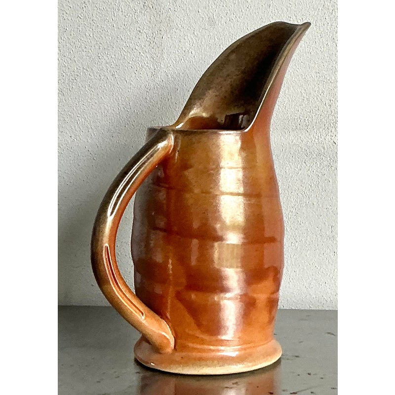 Vintage Boho Glazed Ceramic Pitcher - Top view