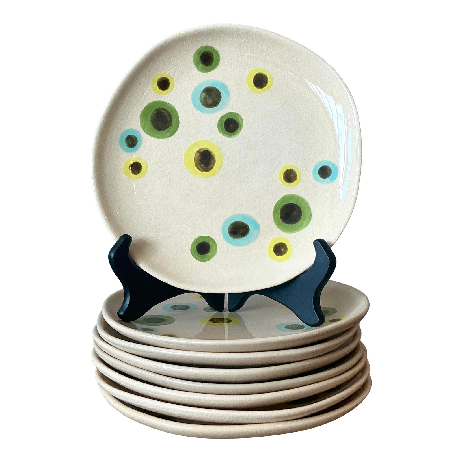 Vintage Boho Glazed Ceramic Polka Dot Plates - Set of 8
