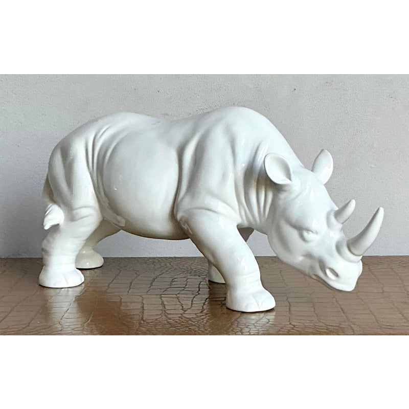 Vintage Boho Glazed Ceramic Rhino - Detail view