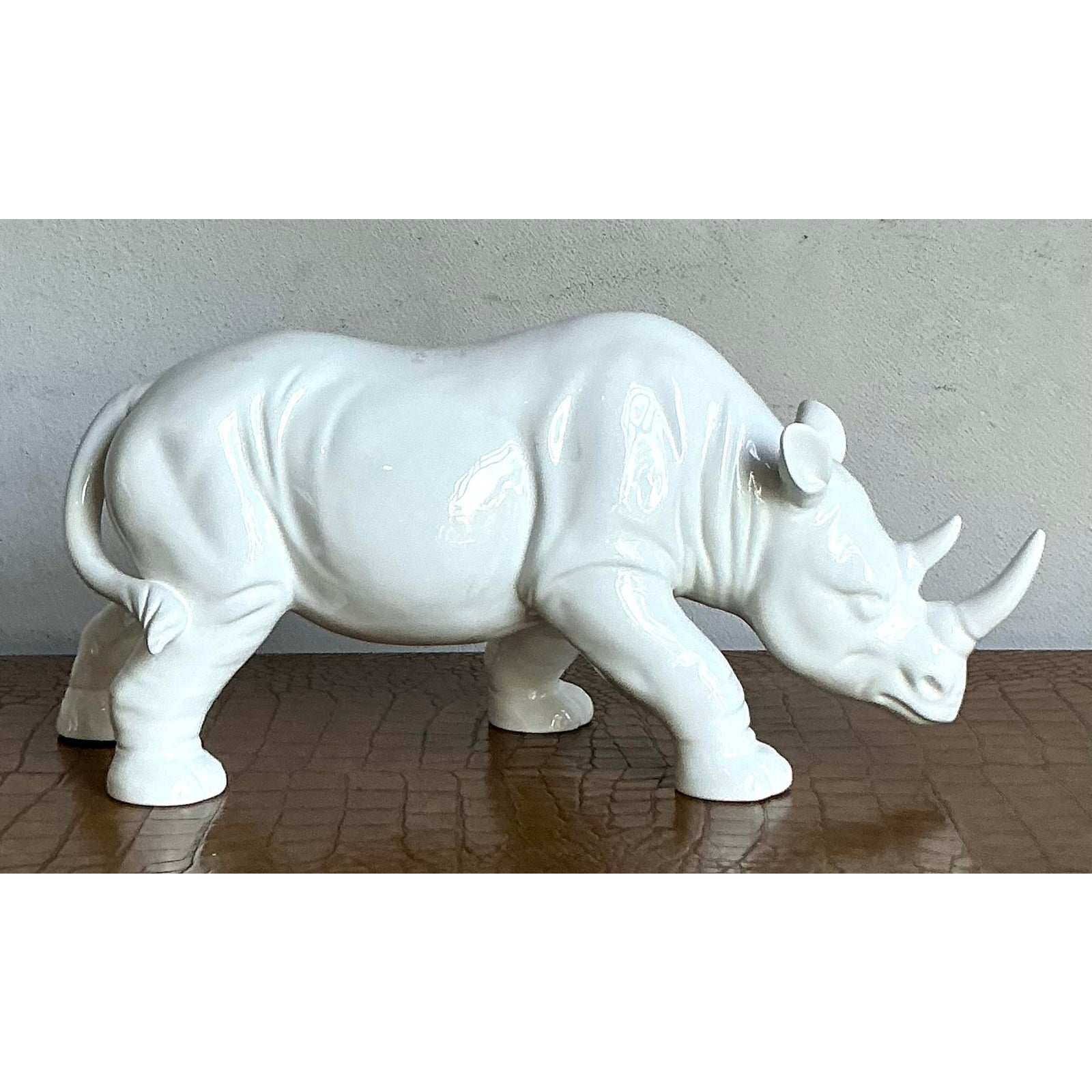 Vintage Boho Glazed Ceramic Rhino - Top view
