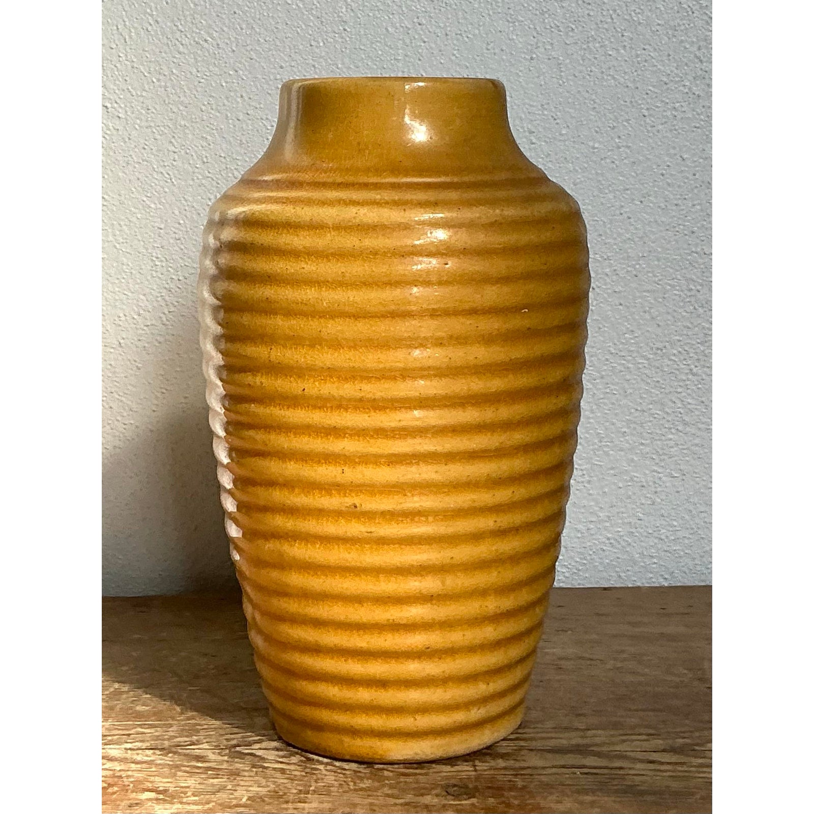 Vintage Boho Glazed Ceramic Ribbed Vase - Back view