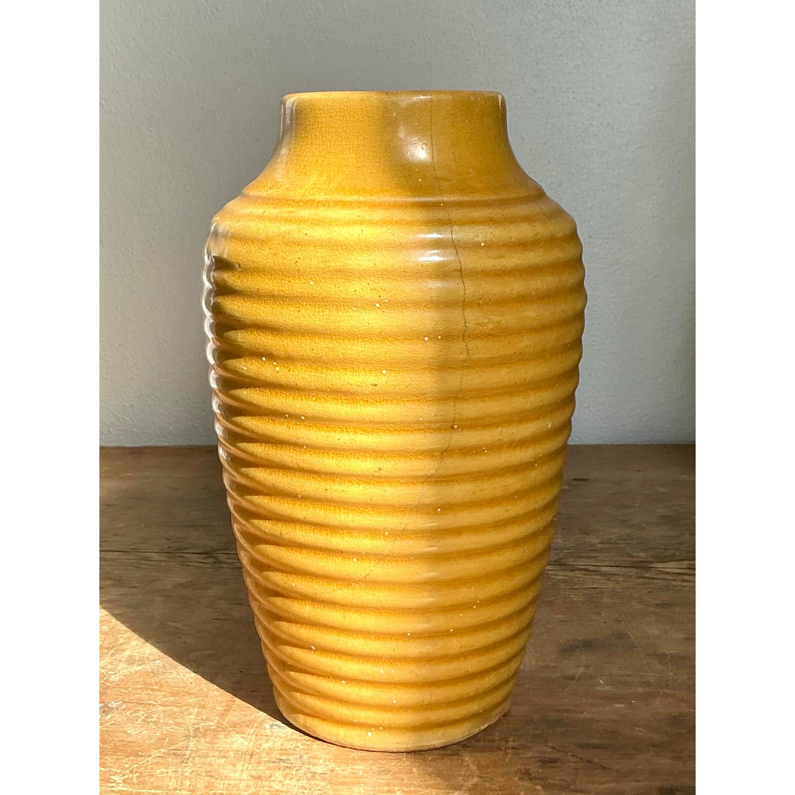 Vintage Boho Glazed Ceramic Ribbed Vase - Detail view