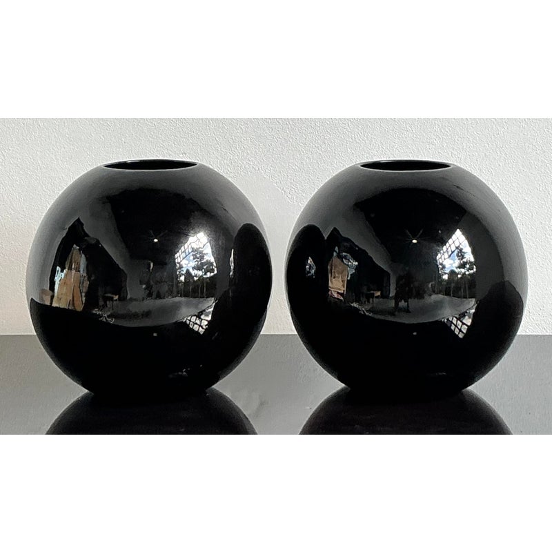 Vintage Boho Glazed Ceramic Sphere Vases - A Pair - Side view
