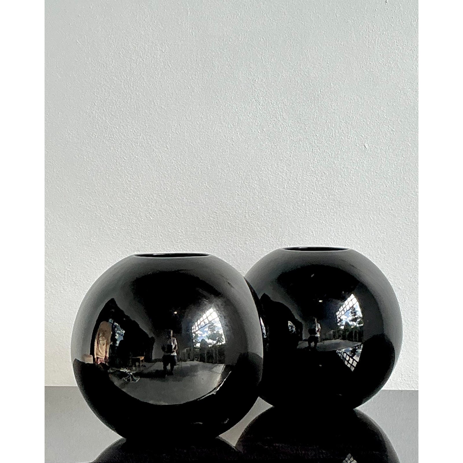 Vintage Boho Glazed Ceramic Sphere Vases - A Pair - Top view