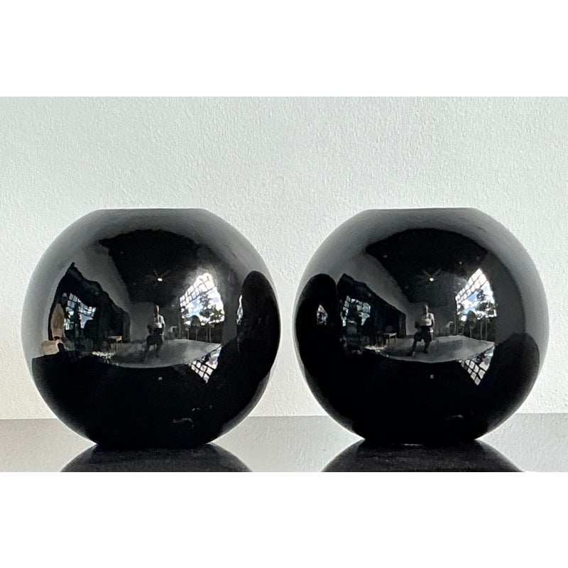 Vintage Boho Glazed Ceramic Sphere Vases - A Pair - Back view