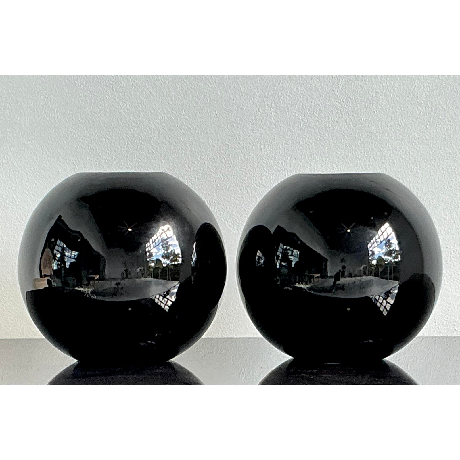 Vintage Boho Glazed Ceramic Sphere Vases - A Pair - Detail view