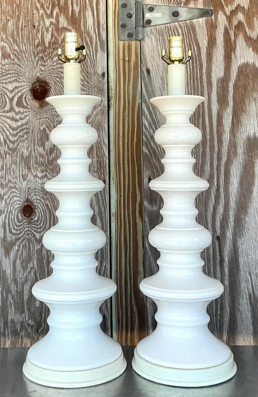 Vintage Boho Glazed Ceramic Spool Lamps - a Pair - Side view