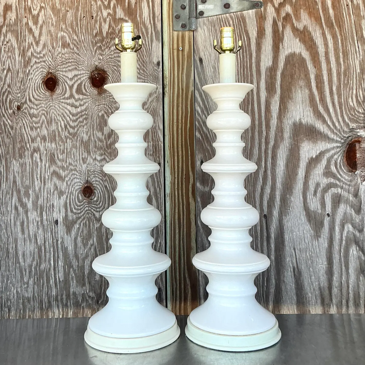 Vintage Boho Glazed Ceramic Spool Lamps - a Pair - Back view