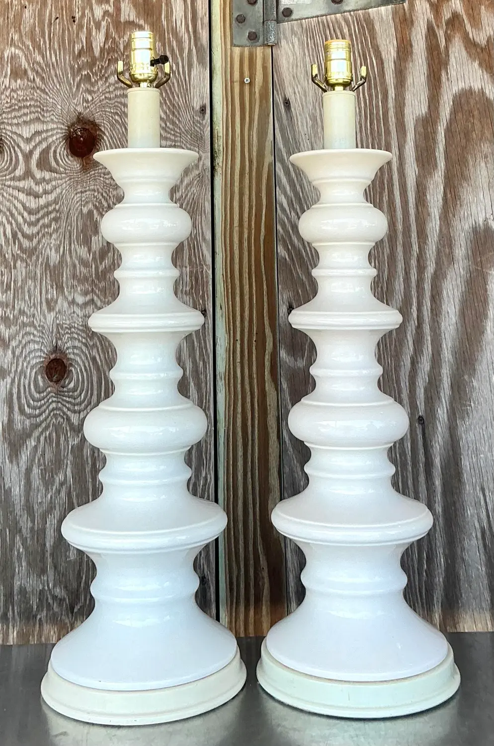 Vintage Boho Glazed Ceramic Spool Lamps - a Pair - Top view
