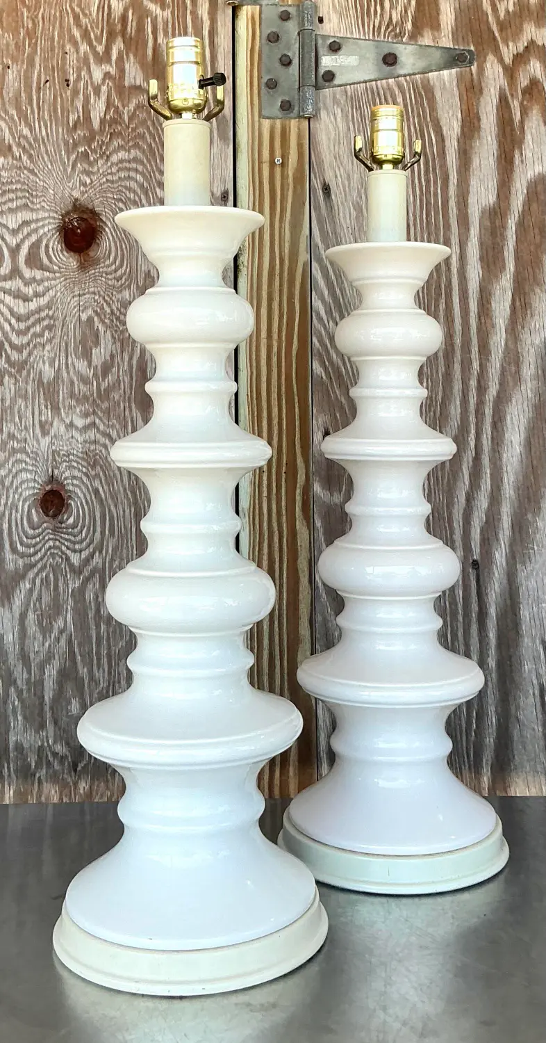 Vintage Boho Glazed Ceramic Spool Lamps - a Pair - Detail view