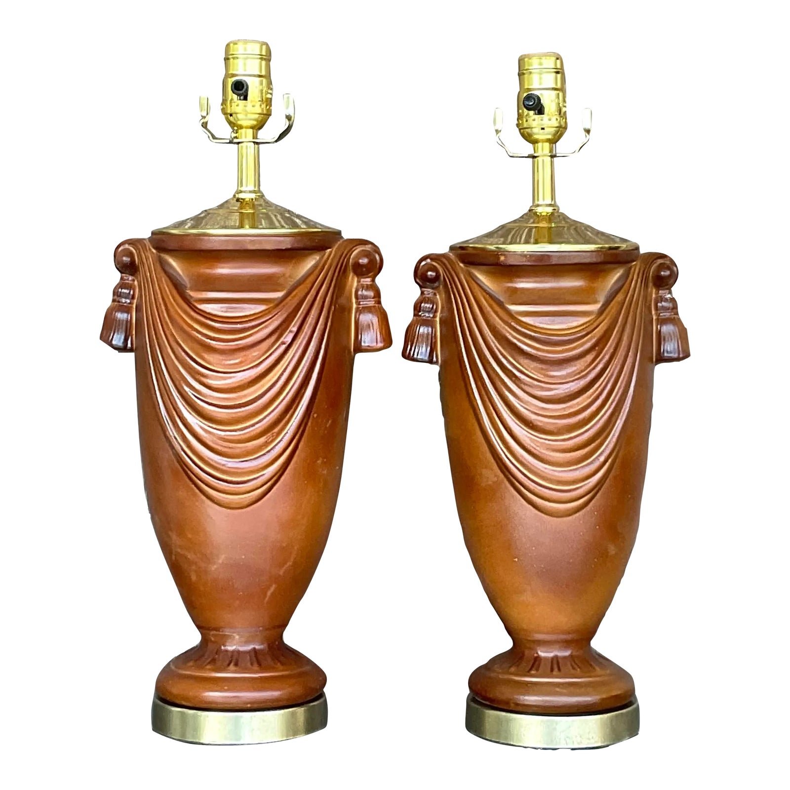 Vintage Boho Glazed Ceramic Swag Lamps - a Pair