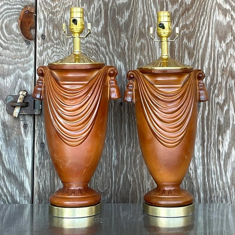 Vintage Boho Glazed Ceramic Swag Lamps - a Pair - Detail view