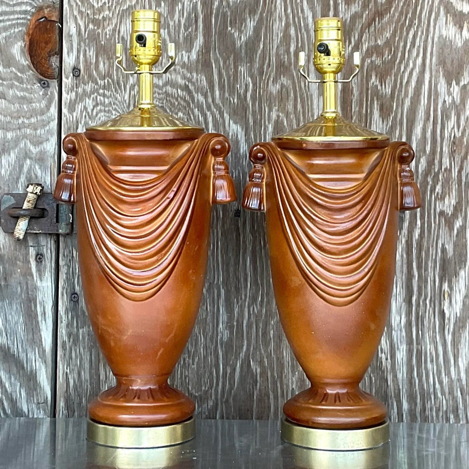 Vintage Boho Glazed Ceramic Swag Lamps - a Pair - Back view