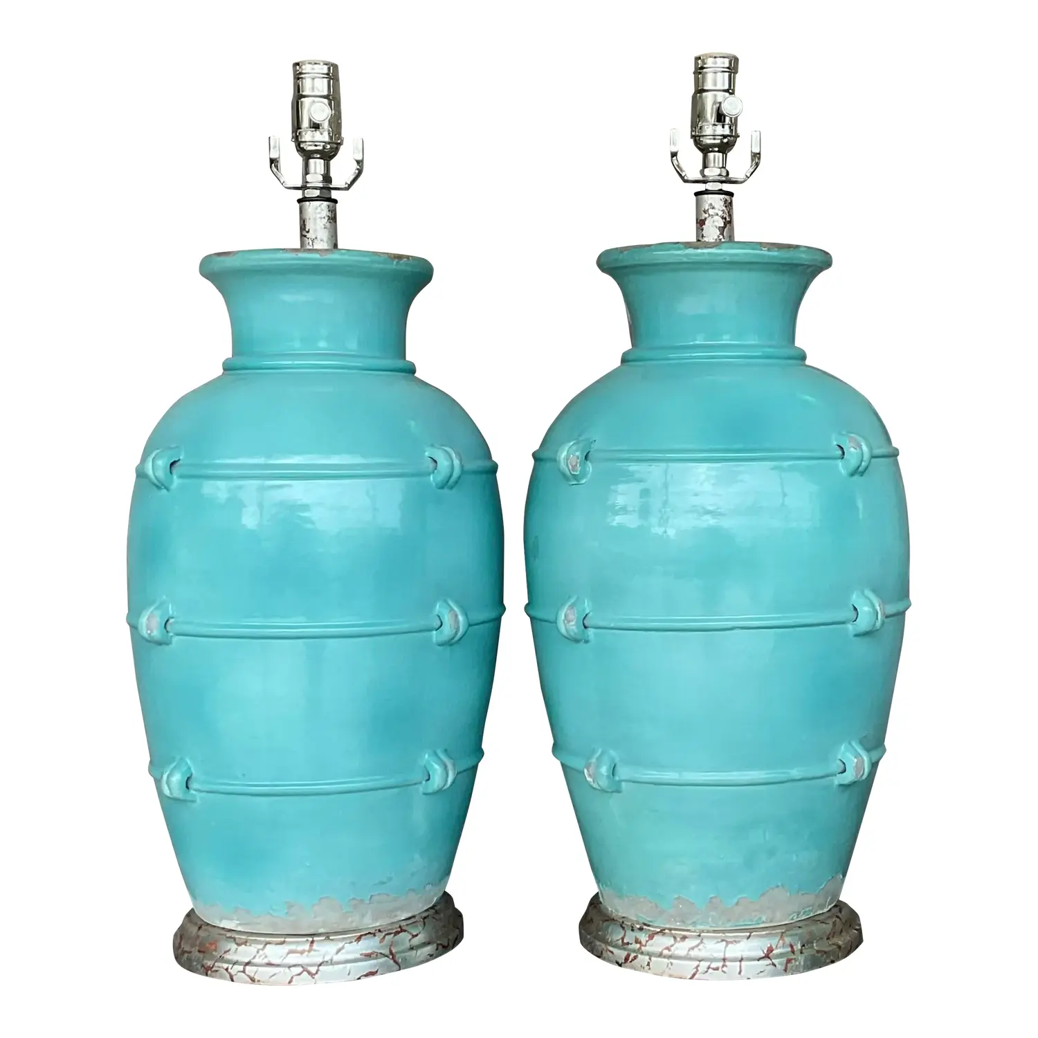 Vintage Boho Glazed Ceramic Table Lamps - a Pair