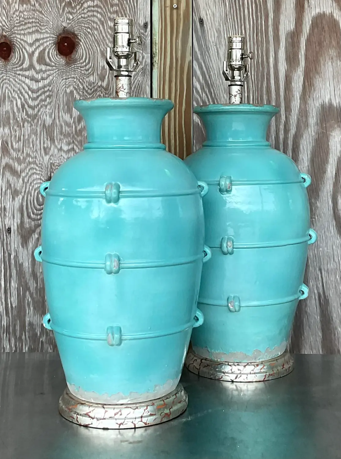Vintage Boho Glazed Ceramic Table Lamps - a Pair - Side view