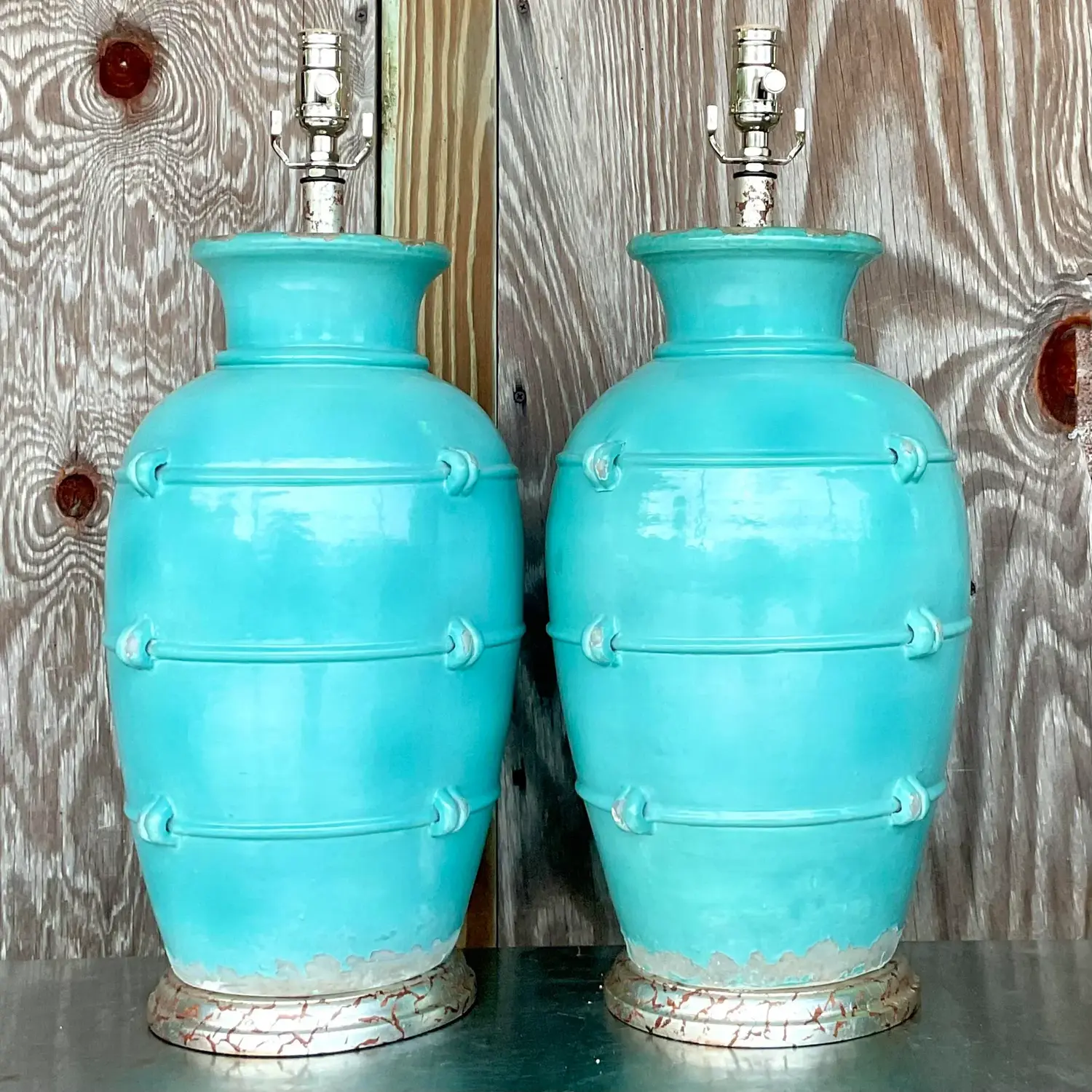 Vintage Boho Glazed Ceramic Table Lamps - a Pair - Back view