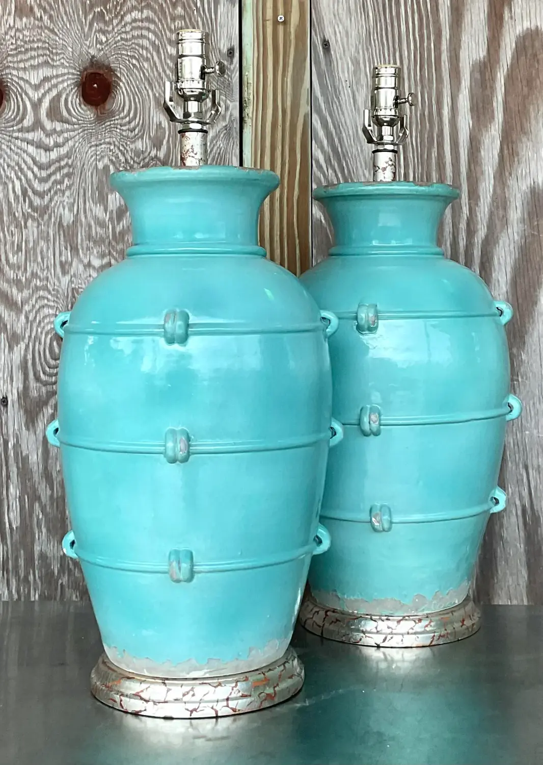 Vintage Boho Glazed Ceramic Table Lamps - a Pair - Detail view
