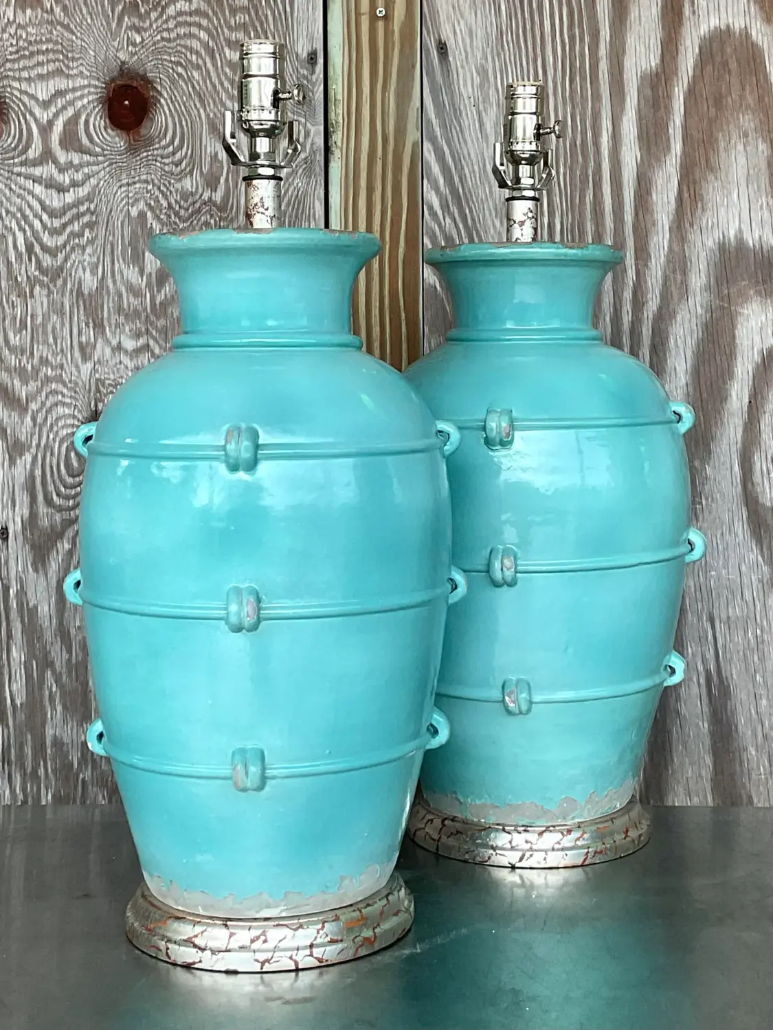 Vintage Boho Glazed Ceramic Table Lamps - a Pair - Top view