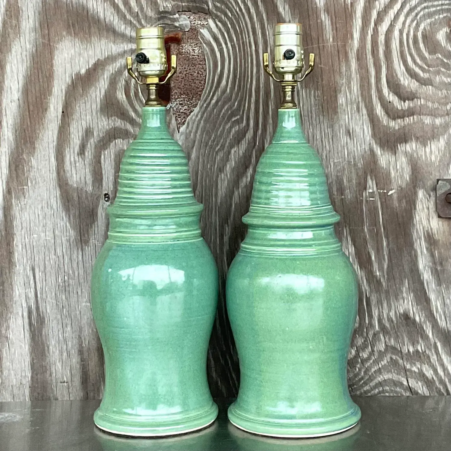 Vintage Boho Glazed Ceramic Table Lamps - a Pair - Top view