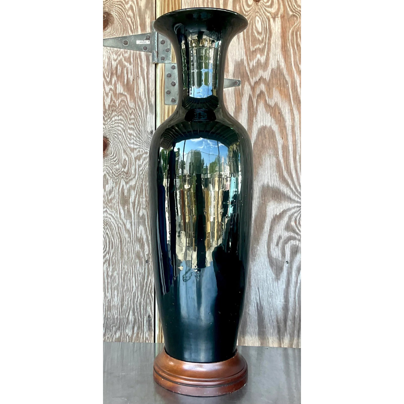 Vintage Boho Glazed Ceramic Tall Ming Vase - Top view