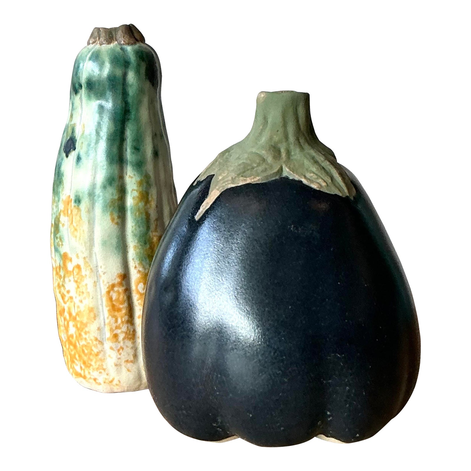 Vintage Boho Glazed Ceramic Vegetable Vases - Set of 2