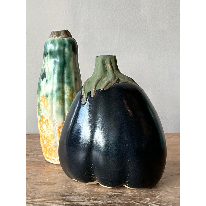 Vintage Boho Glazed Ceramic Vegetable Vases - Set of 2 - Back view