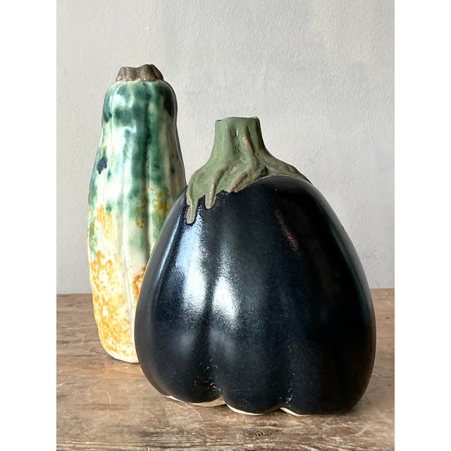 Vintage Boho Glazed Ceramic Vegetable Vases - Set of 2 - Detail view