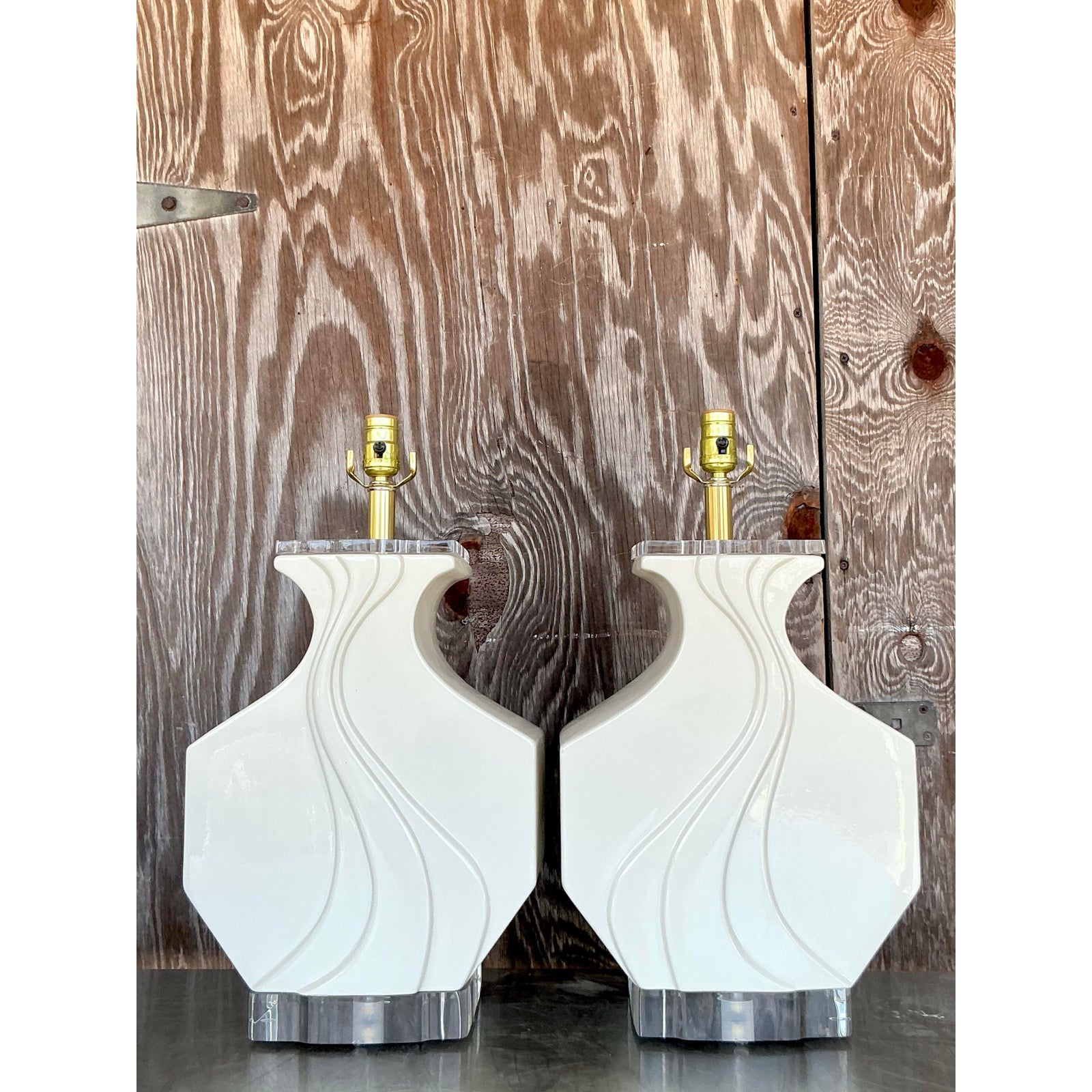 Vintage Boho Glazed Ceramic Wave Lamps - A Pair - Side view