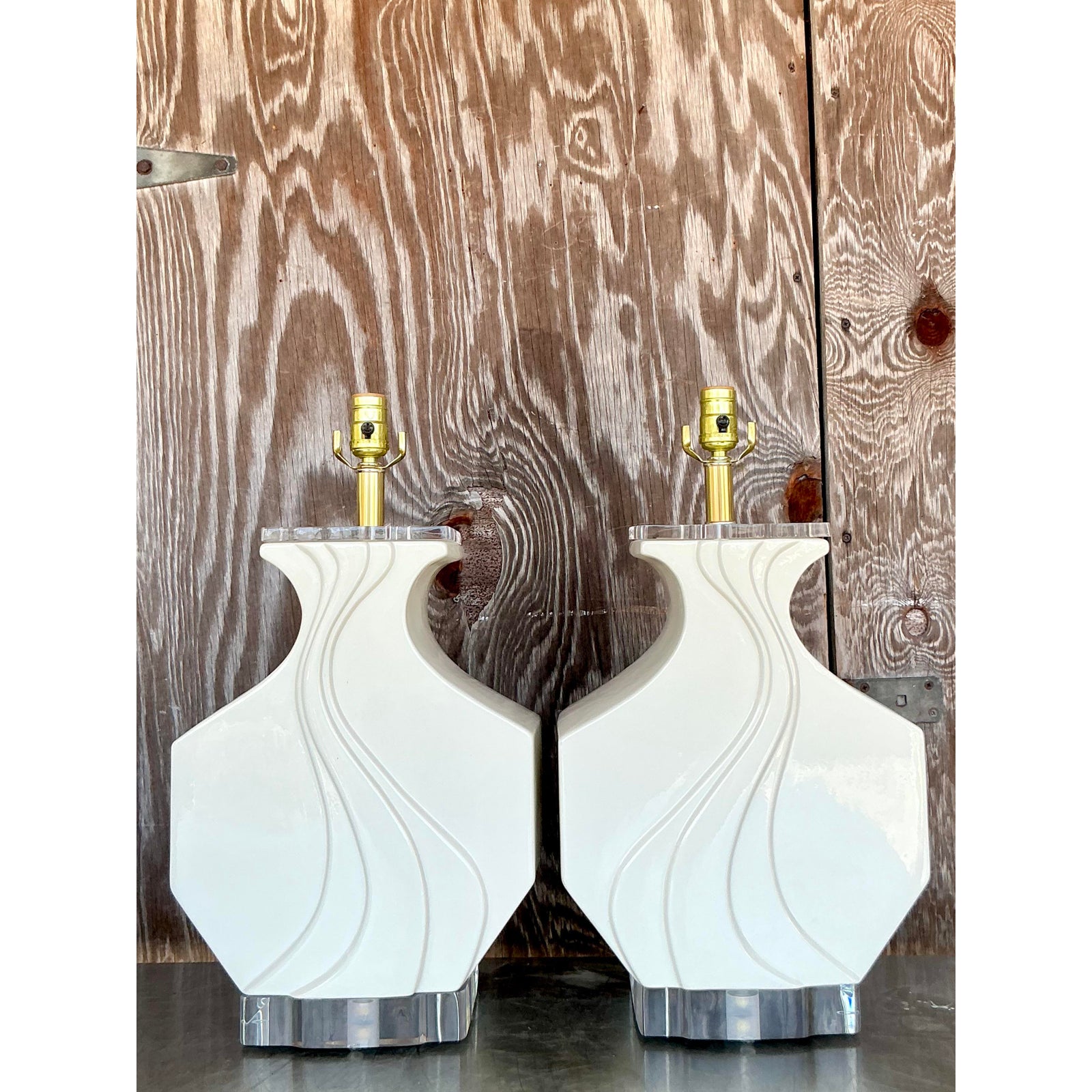 Vintage Boho Glazed Ceramic Wave Lamps - A Pair - Top view