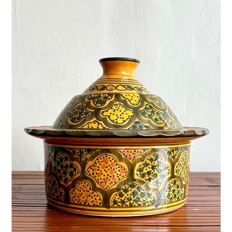 Vintage Boho Glazed Lidded Ceramic Dish - Side view