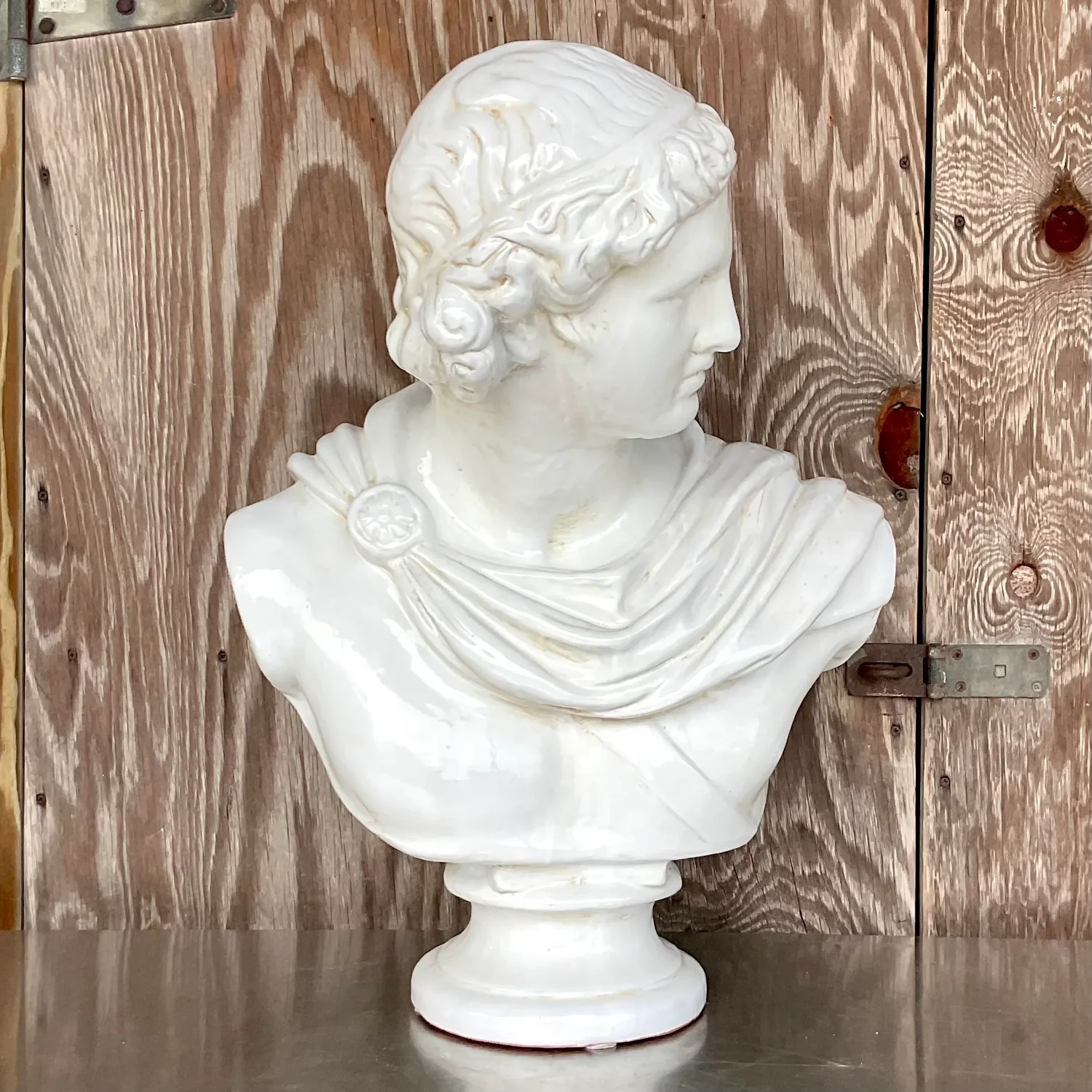 Vintage Boho Glazed Terra Cotta Bust of Female - Side view