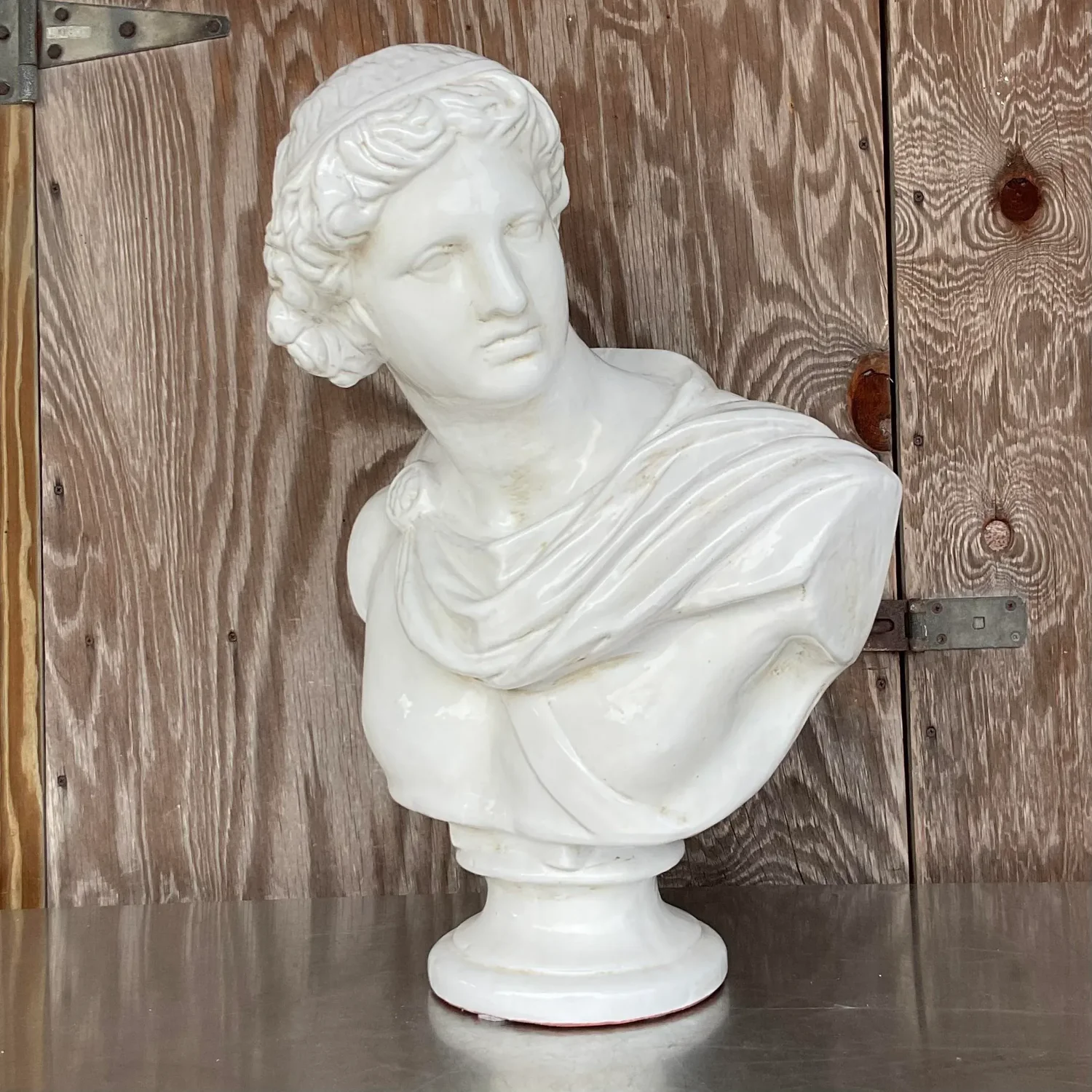 Vintage Boho Glazed Terra Cotta Bust of Female - Top view