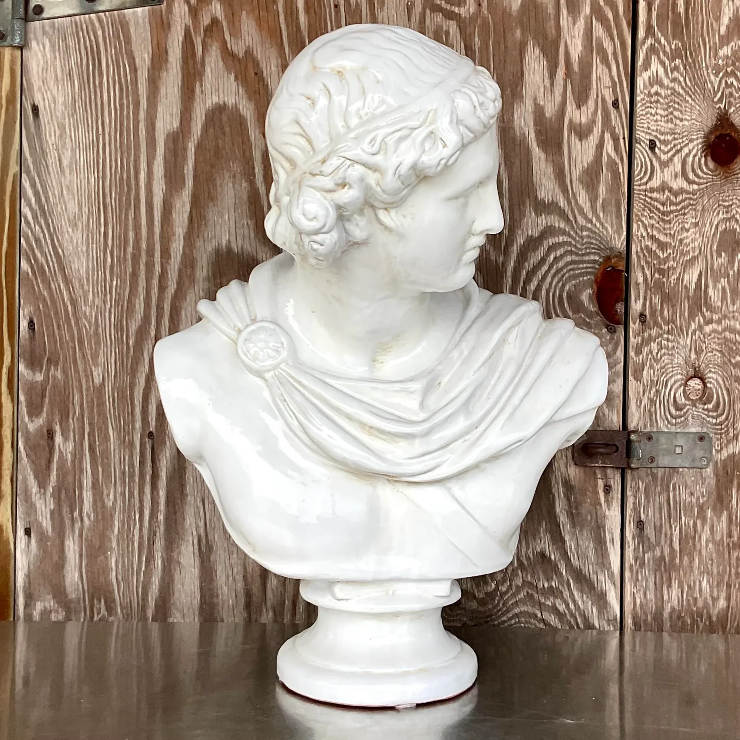 Vintage Boho Glazed Terra Cotta Bust of Female - Back view