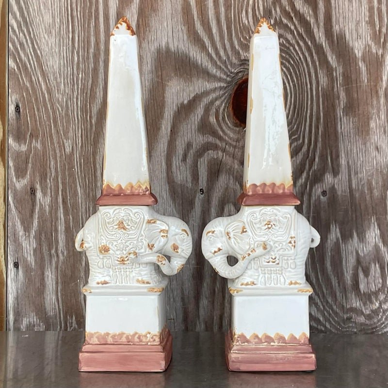 Vintage Boho Glazed Terra Cotta Elephant Obelisks - a Pair - Detail view