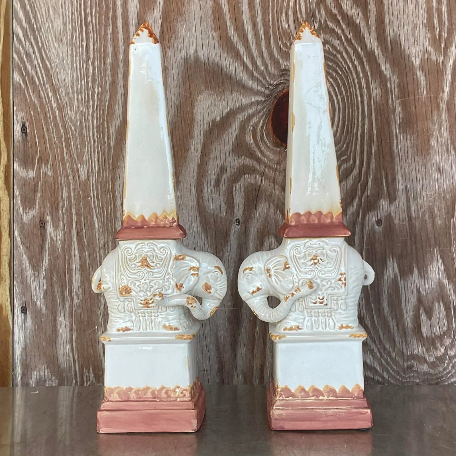 Vintage Boho Glazed Terra Cotta Elephant Obelisks - a Pair - Top view