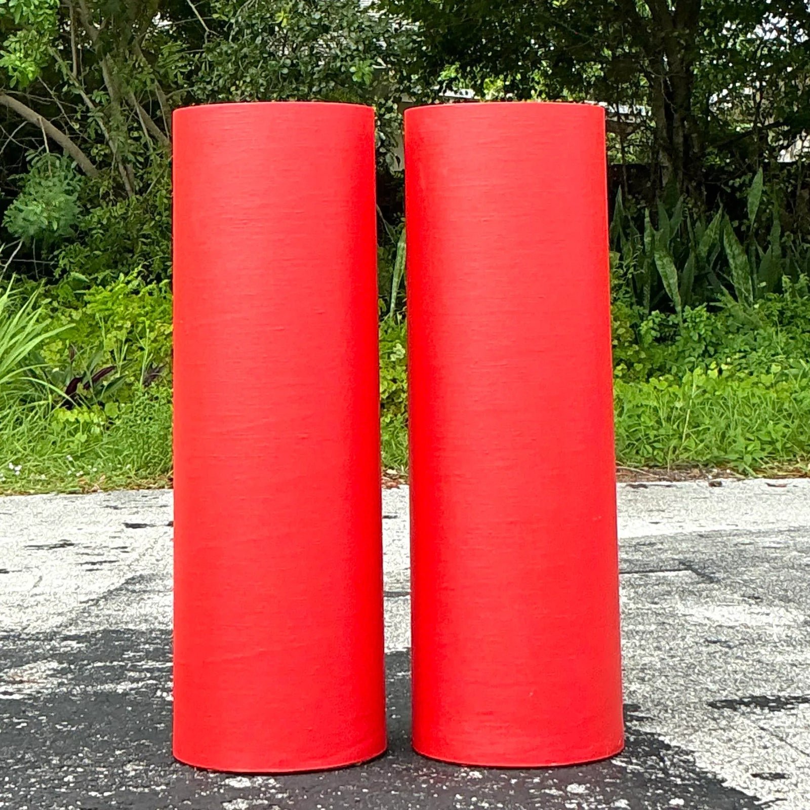 Vintage Boho Grasscloth Cylinder Pedestals - a Pair - Side view
