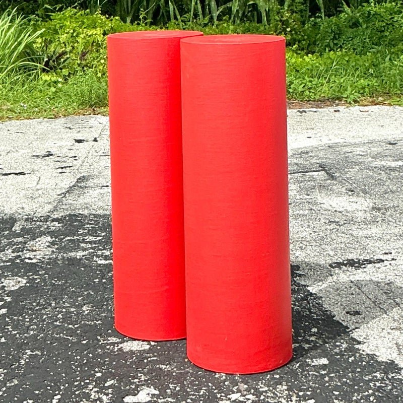 Vintage Boho Grasscloth Cylinder Pedestals - a Pair - Top view