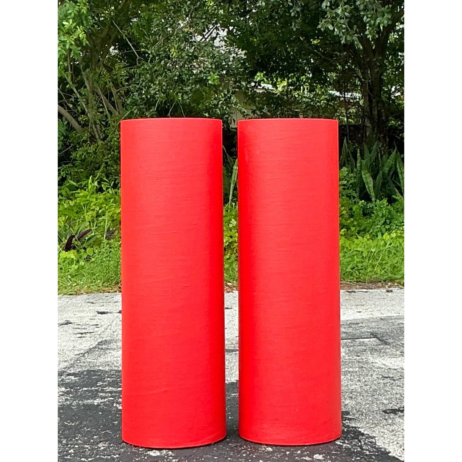 Vintage Boho Grasscloth Cylinder Pedestals - a Pair - Detail view