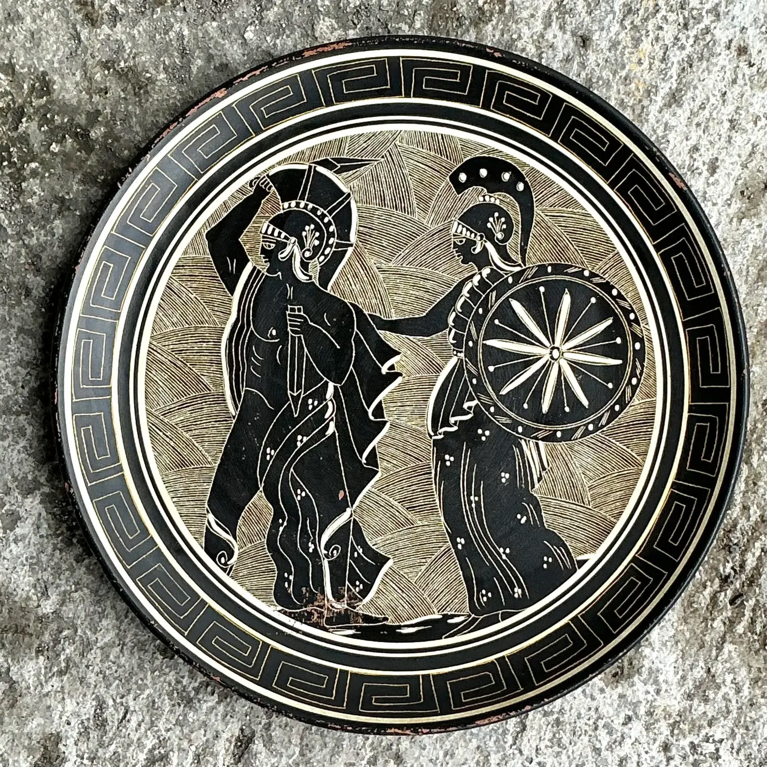 Vintage Boho Greek Key Figurative Plate - Back view