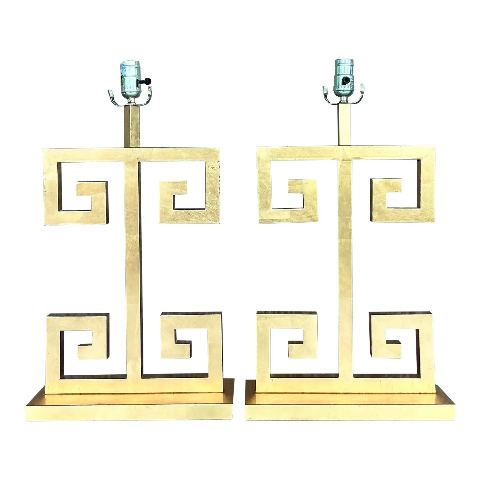Vintage Boho Greek Key Gilt Lamps - A Pair - Detail view