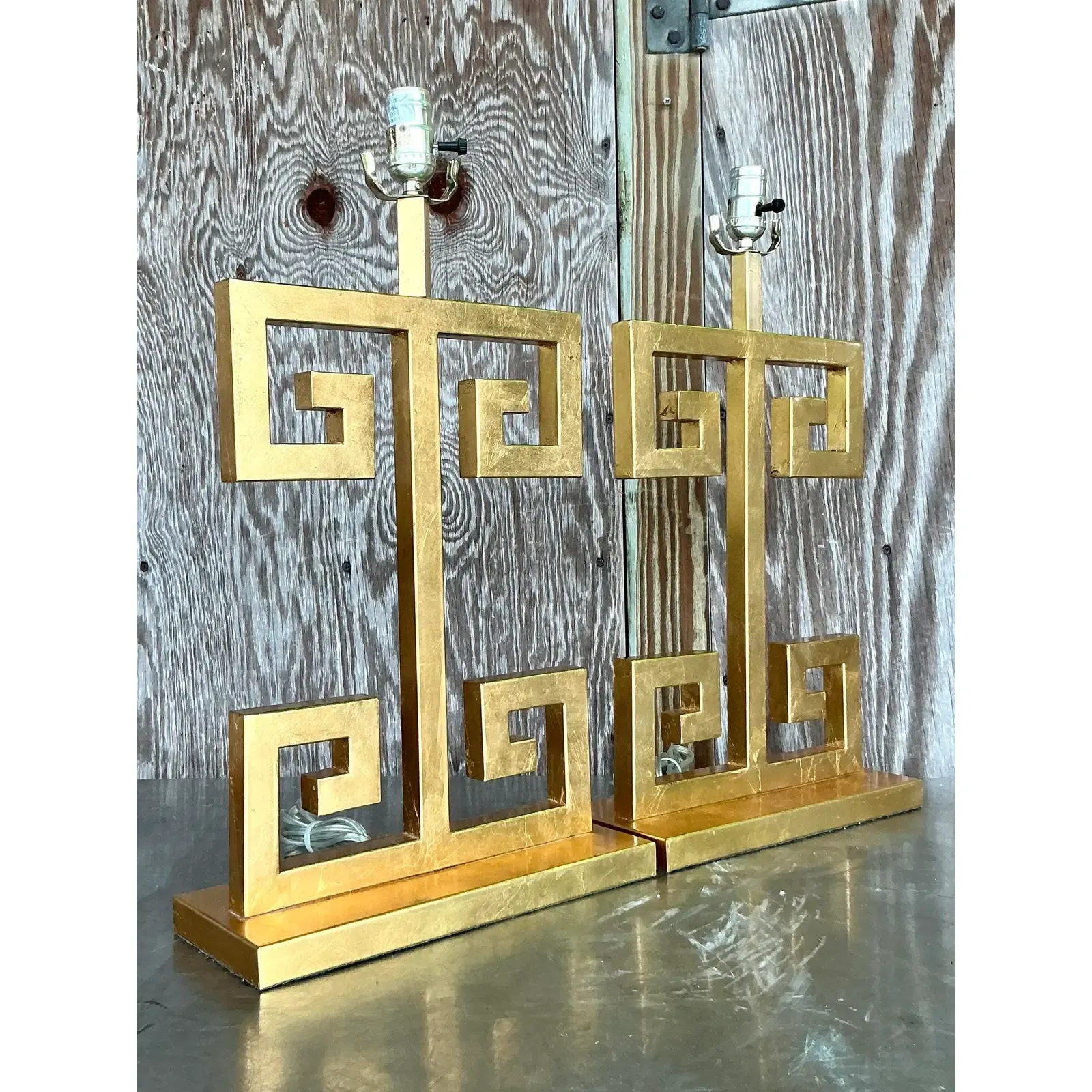 Vintage Boho Greek Key Gilt Lamps - A Pair - Back view