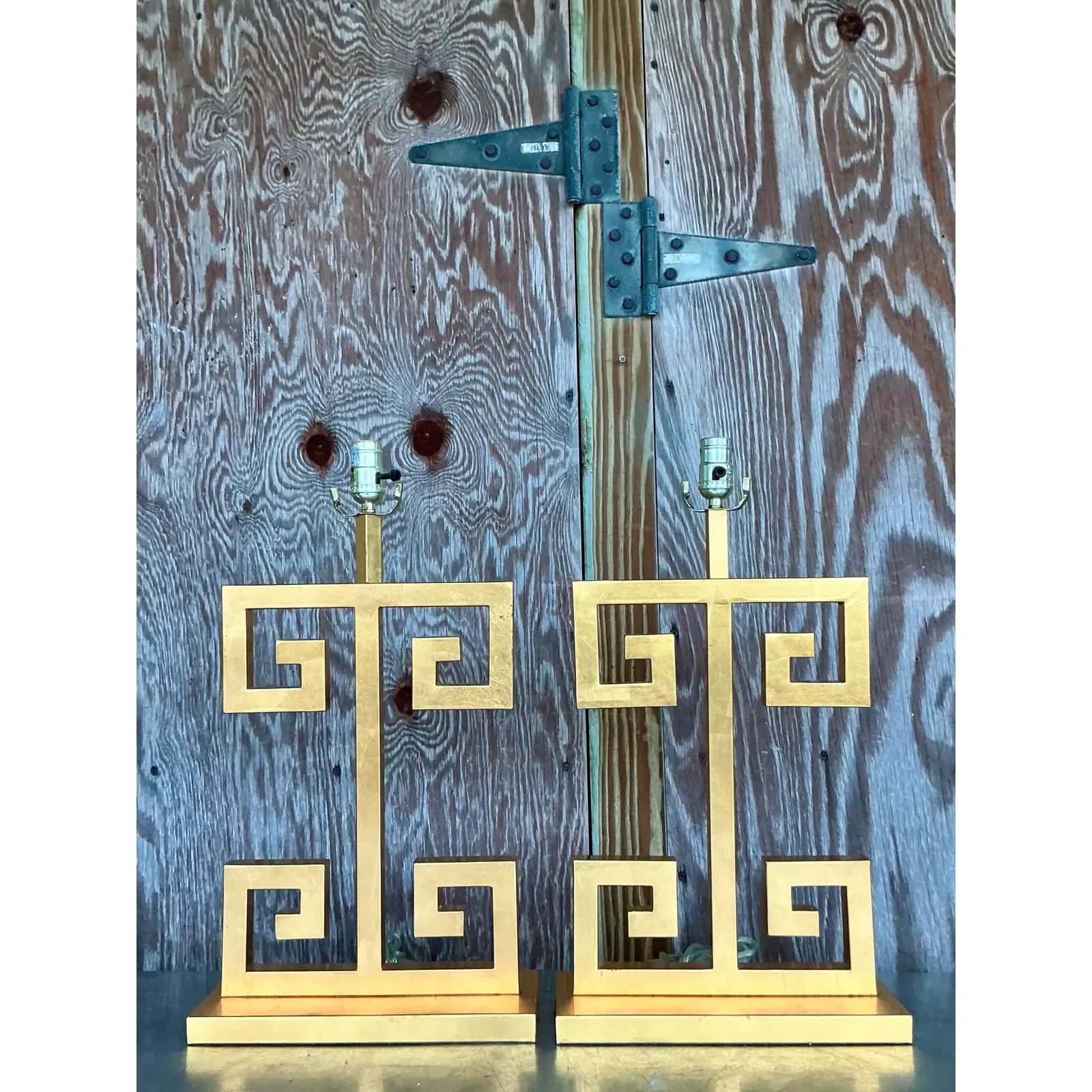 Vintage Boho Greek Key Gilt Lamps - A Pair - Side view