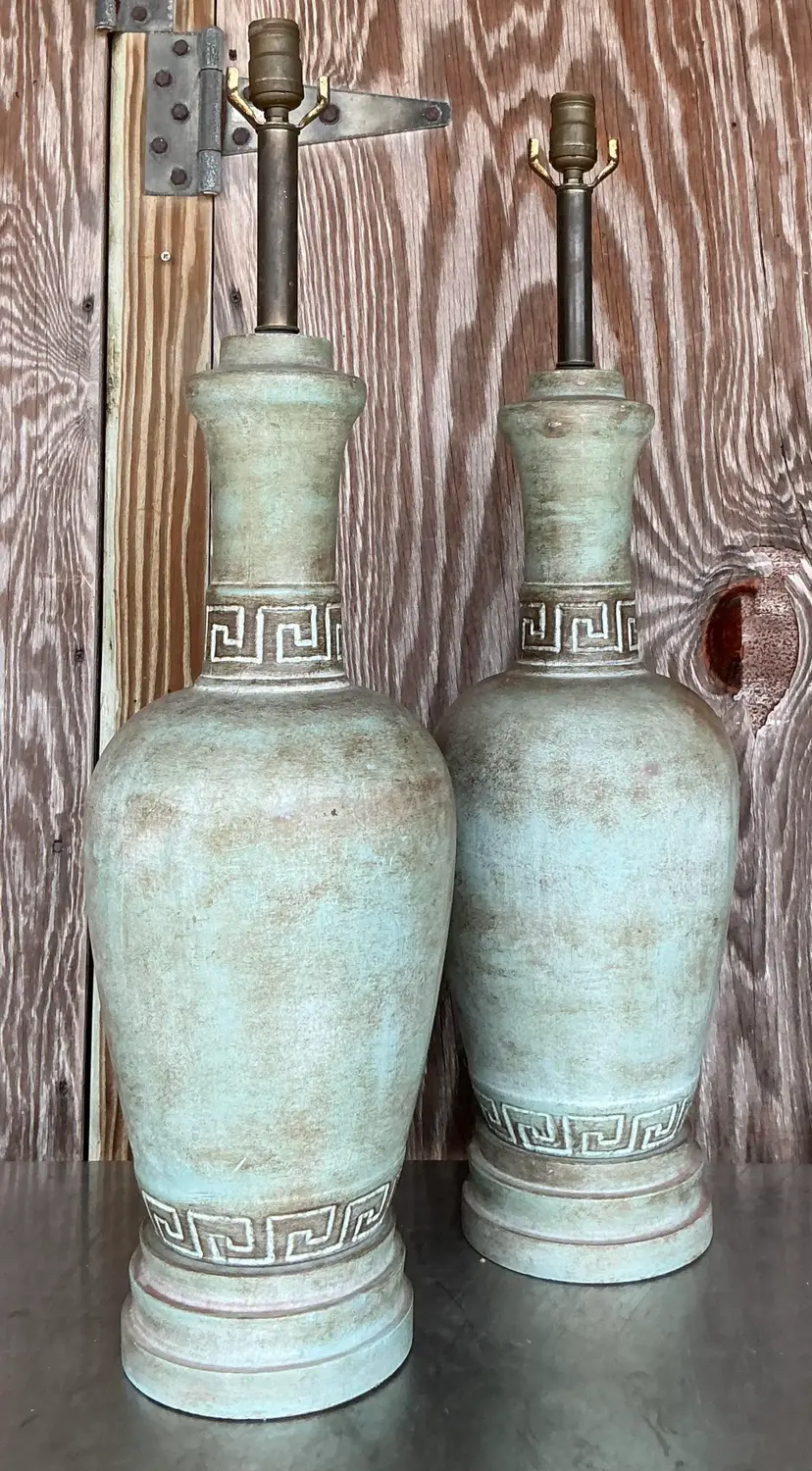 Vintage Boho Greek Key Matte Glazed Ceramic Lamps - a Pair - Detail view